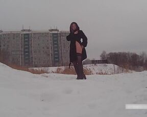 Winter Street Photoshoot in a Fur Coat on a Naked Body