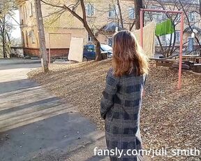 Horny female in a coat flashes tits and pussy in the neighborhood