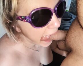 Hard blowjob for a slut at a construction site to the very balls with swallowing sperm, and all her saliva spread over h