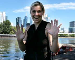 Secret hand job in the middle of Frankfurt! Mega Public with a lot of cum!