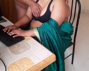 Indian Office Secretary fucks sexy busty boss on chair while working on computer - Big Boobs BBW